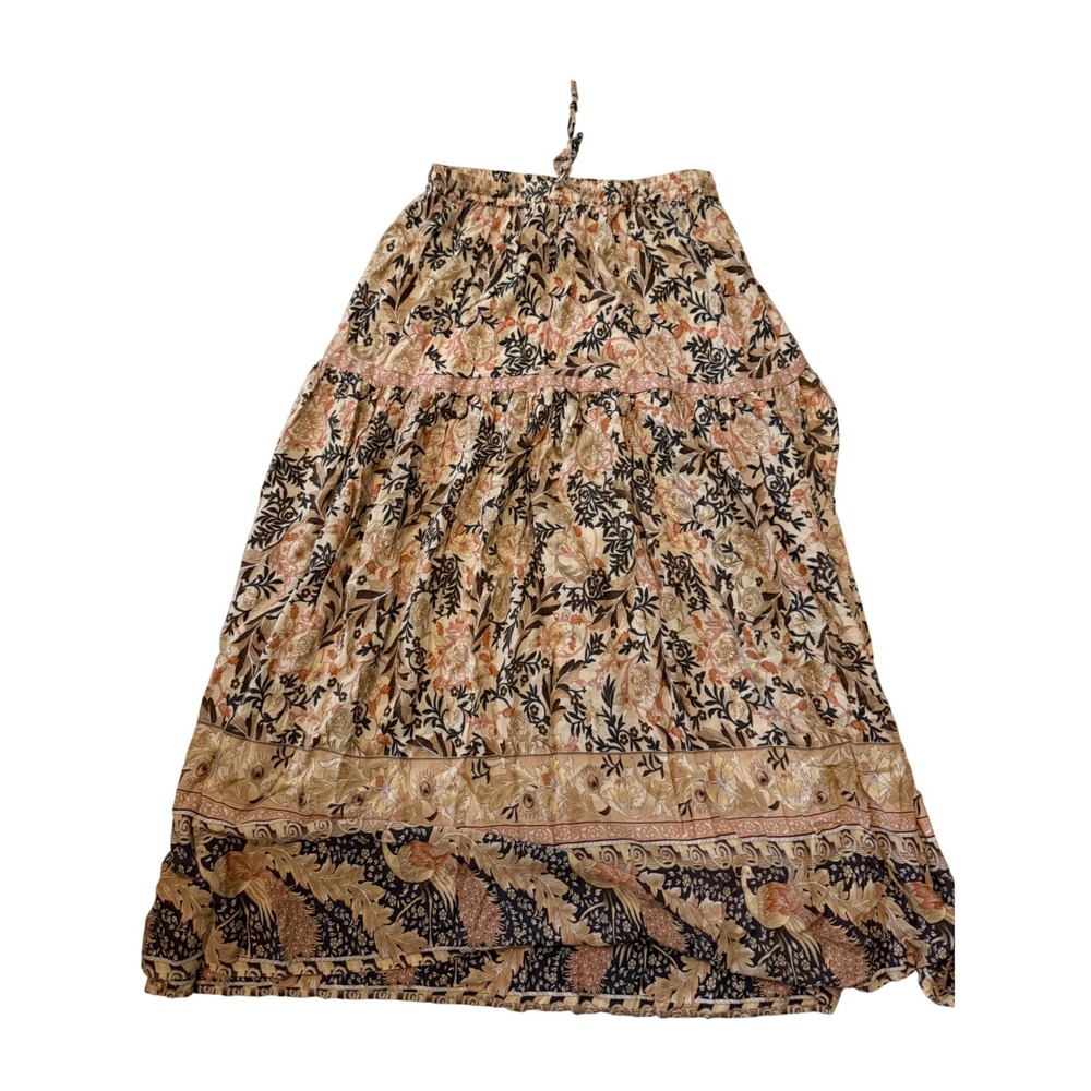 PinkBlush Floral Peacock‎ Print Tiered Maxi Skirt Blush Tan Navy Large
